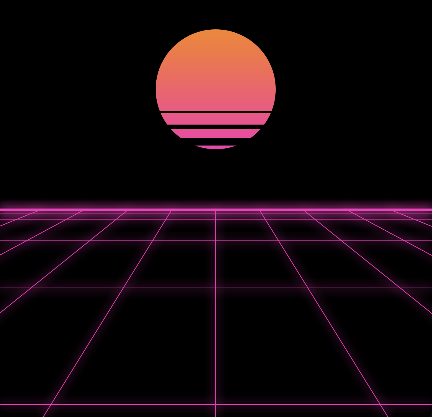 a grid of neon pink lines below an orange-pink sunset
